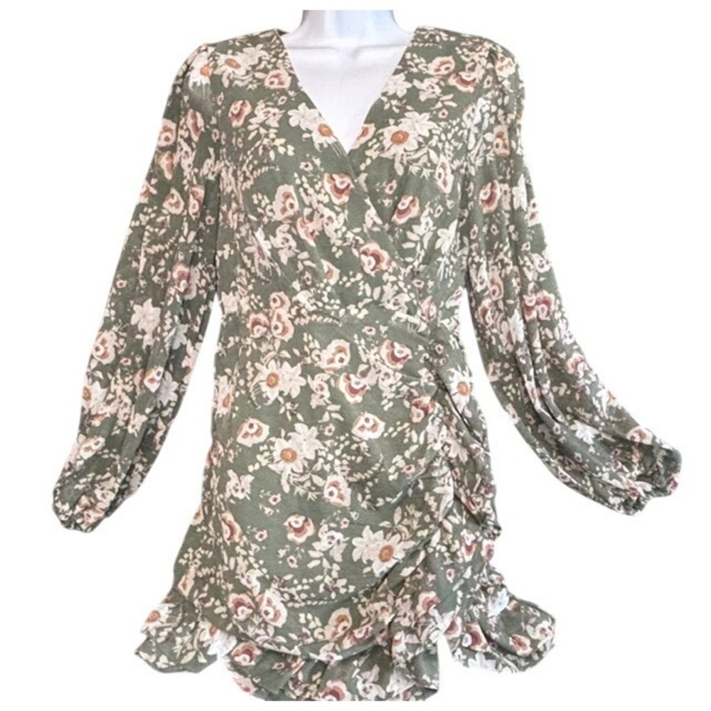 Loveriche Sage‎ Green Floral Long Sleeve Faux Wrap Ruffle Mini Dress Small NWT